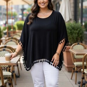 Black Tassel Trim Poncho Top Layered Oversized Boho Scoop Neck Blouse 3X Kimono